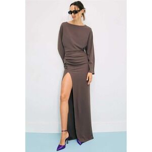LAPOINTE Ruched Side Slit Long Sleeve Maxi Dress Taupe Size 2